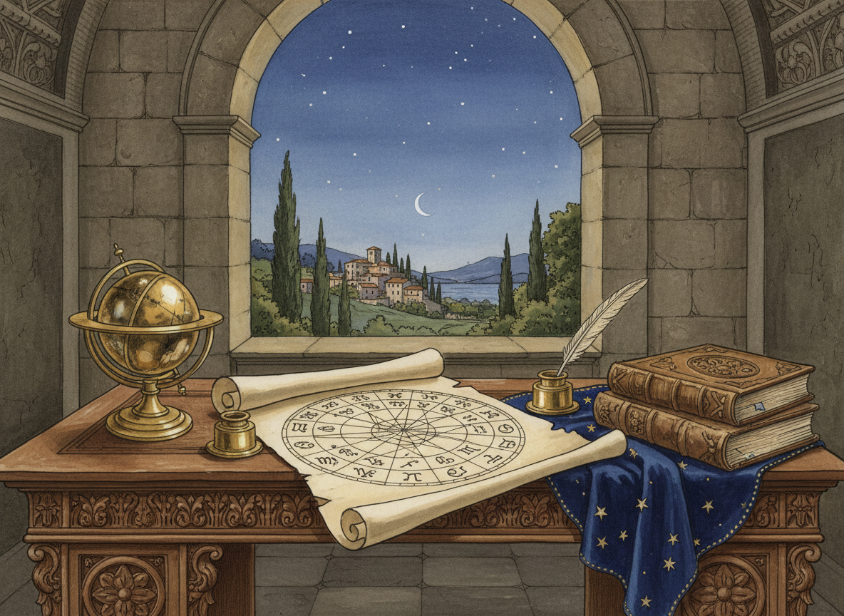 Illustrazione di un tema natale disegnato su pergamena, accanto a una sfera armillare e a una finestra sul cielo della sera.